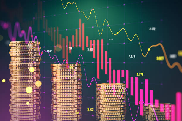 Stacked golden coins with falling diagram on green texture. Stock market crisis or forex trading graph and candlestick chart suitable for financial investment concept. 3D Rendering